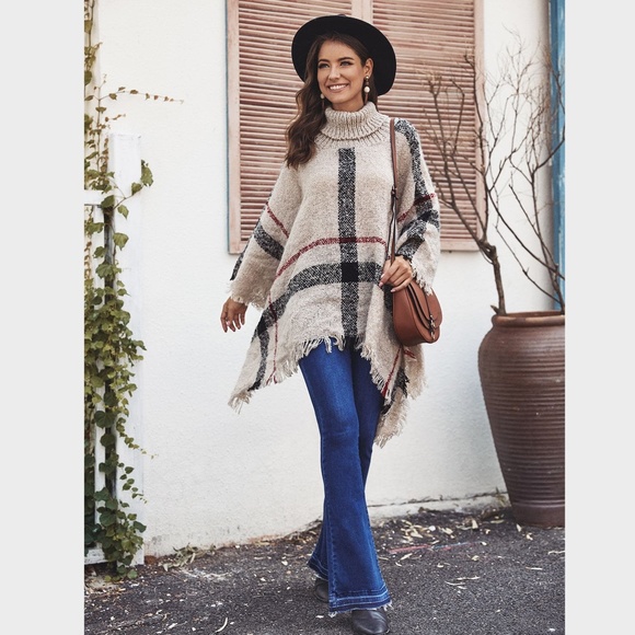 Plaid Beige Turtleneck Poncho - Picture 4 of 11
